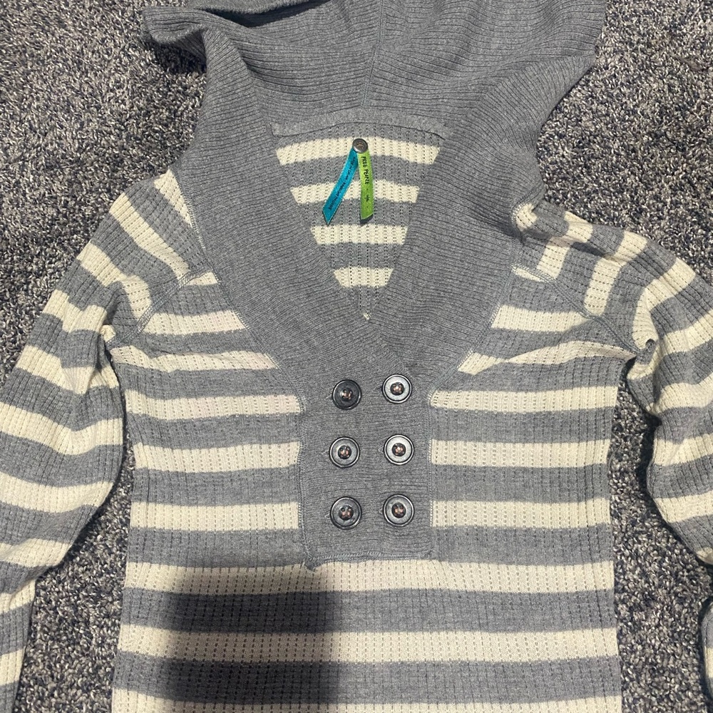 Free People Rare Gray and White Striped Hoodie Sweater - Picture 2 of 3